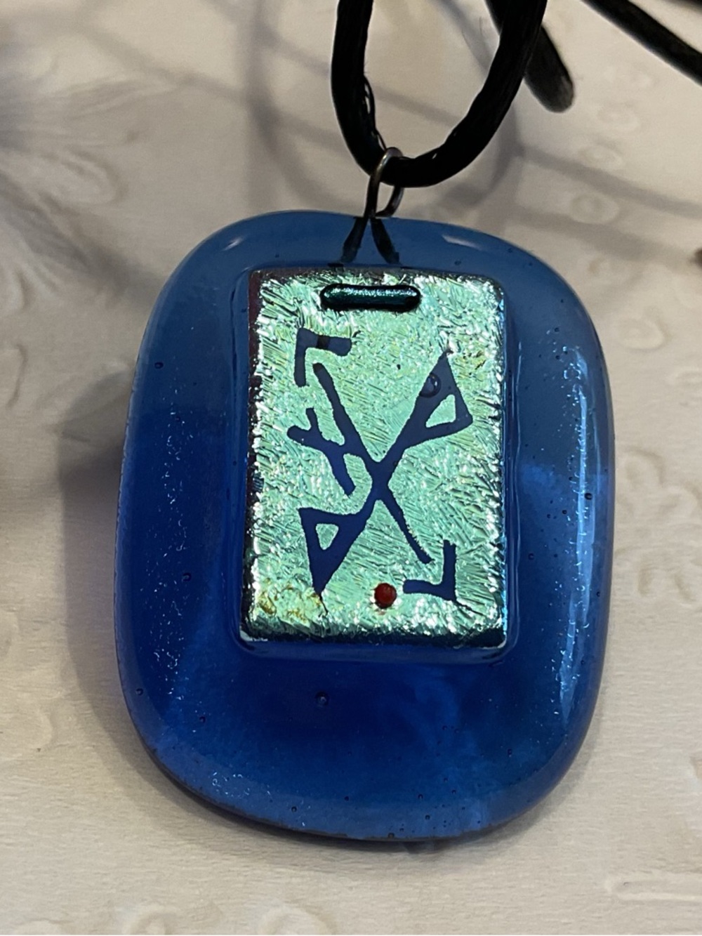 VINTAGE COBALT GLASS RUNE PENDANT DICHROIC GREEN FOIL GOD’S GIFT OF JOY 1980’s